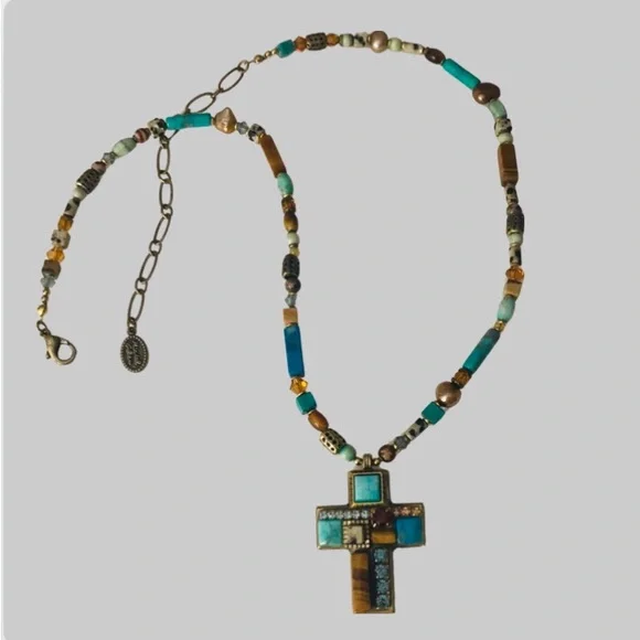 Vintage Michal Golan Cross Necklace Turquoise,Tiger Eye Gemstone Mosaic - Picture 4 of 9